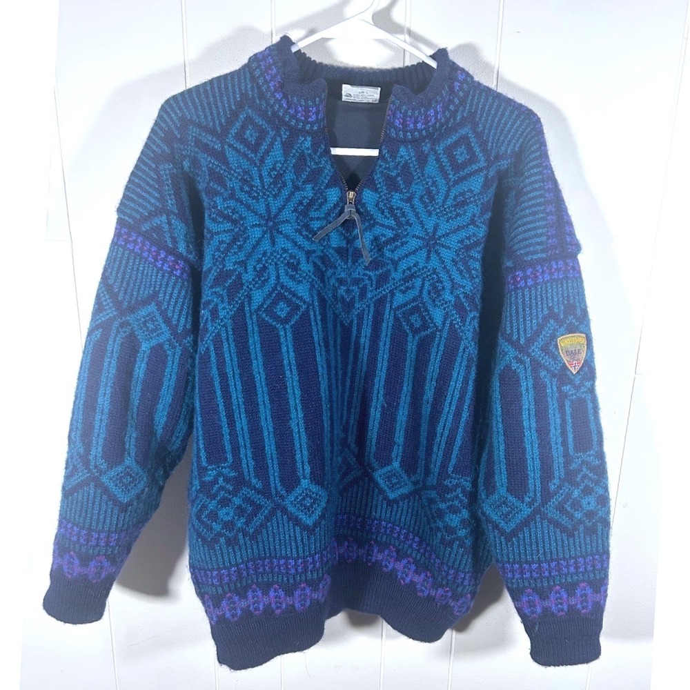 Vintage Dale of Norway Windstopper Wool Sweater Large Blue Quarter Zip Nordic